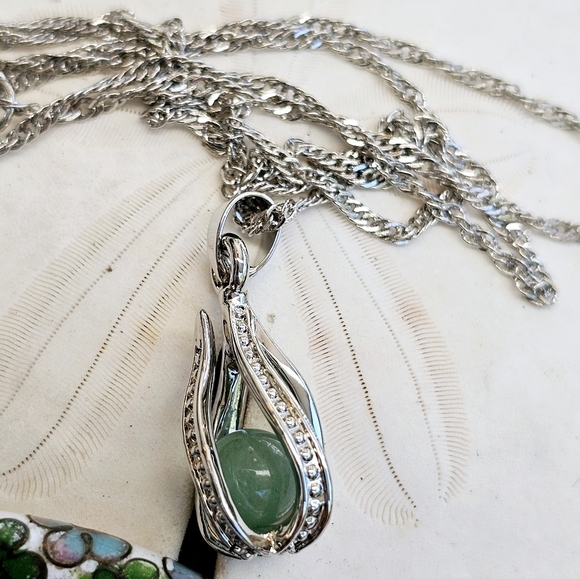 SET! Green Jade 925 Sterling Silver Cage Necklace with Cloisonne Bracelet SET! - Picture 7 of 15